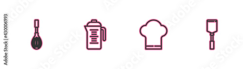Set line Kitchen whisk, Chef hat, Teapot and Spatula icon. Vector