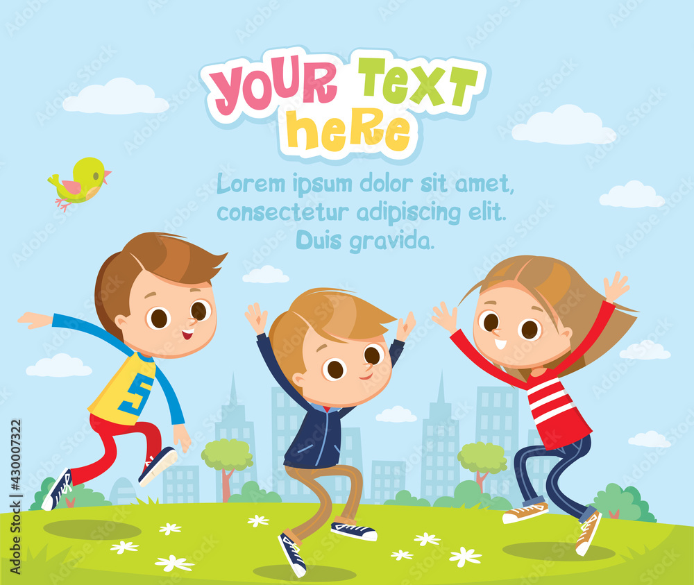 Vector set, group of small children, kids, friends, mates with big eyes jumping together raising hands up, have a good time, having fun on the green lawn with blue sky and cityscape on background.