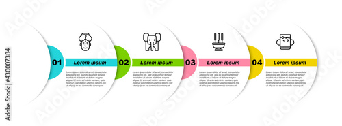 Set line Indian man, Elephant, Incense sticks and Cup of tea and leaf. Business infographic template. Vector