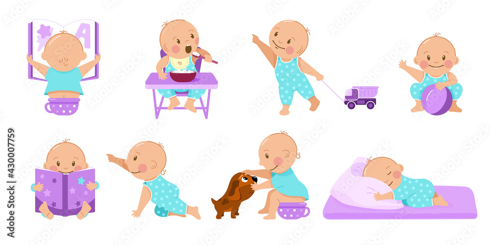 8 situations of a lovely baby: sitting on a pot, eating porridge, reading a book, playing, sleeping. Set in the style of a cartoon. The vector is isolated, on a white background.