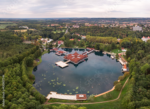 Aerial panoramic drone photo of the famous hot lake therapeutic wellness bath in Heviz in Hungary