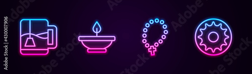 Set line Cup of tea with tea bag, Aroma lamp, Rosary beads religion and Chakra. Glowing neon icon. Vector