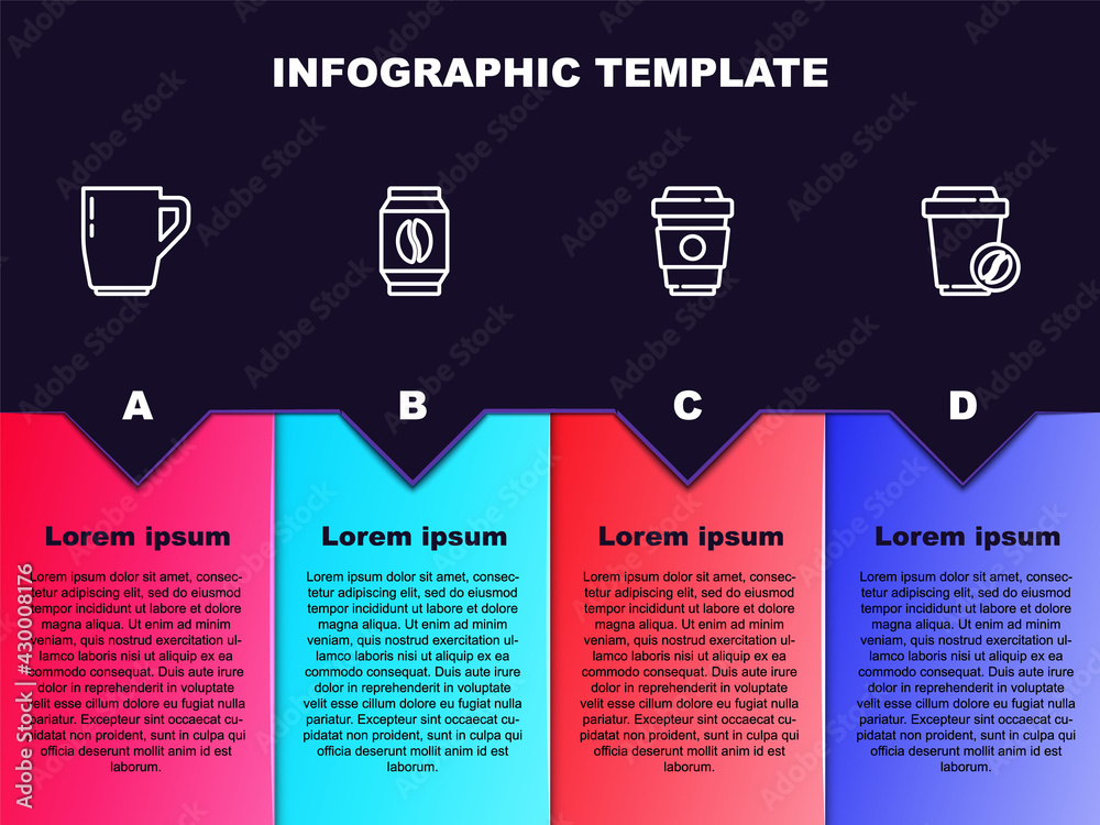 Set line Coffee cup, Bag coffee beans, to go and . Business infographic template. Vector
