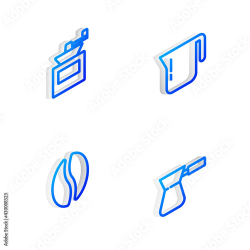 Set Isometric line Coffee pot, Manual coffee grinder, beans and turk icon. Vector
