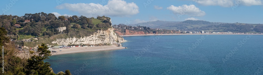 Panoramic view looking down on Beer and Seaton beaches in Devon, UK