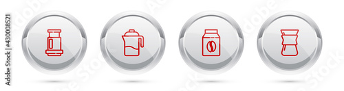 Set line Aeropress coffee, French, Bag beans and Pour over maker. Silver circle button. Vector