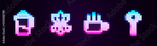 Set line French press, Coffee bean, branch, cup and filter holder. Glowing neon icon. Vector