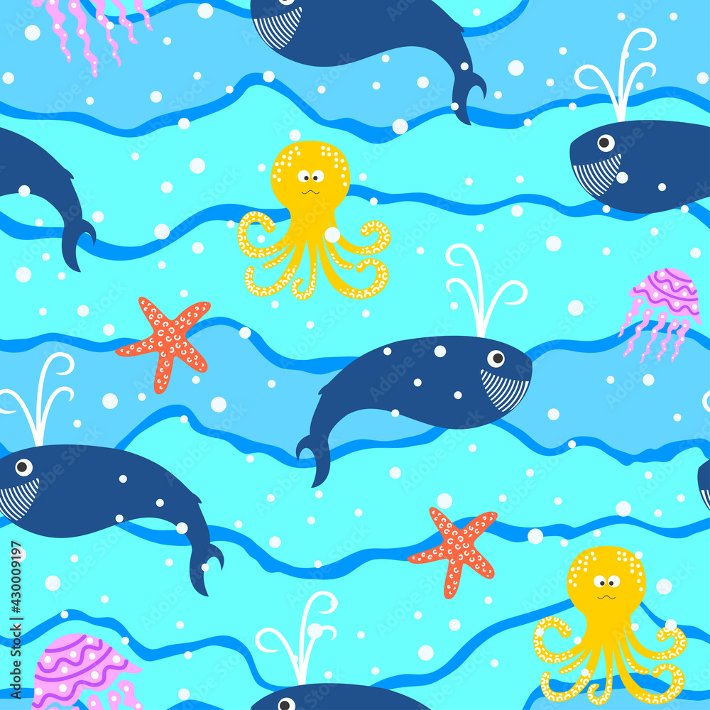 Cartoon Pattern Sea Animal - Whale Octopus Starfish Jellyfish. Vector Cartoon Pattern Sea Animal - Whale Octopus Starfish Jellyfish. Vector