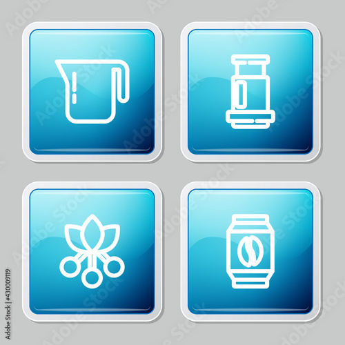 Set line Coffee pot, Aeropress coffee, bean, branch and Bag beans icon. Vector