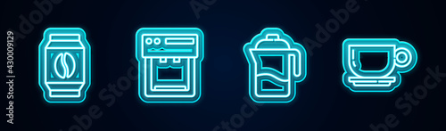 Set line Bag of coffee beans, Coffee machine, French press and cup. Glowing neon icon. Vector