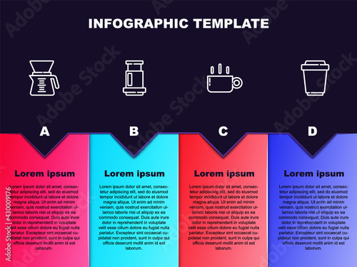 Set line Pour over coffee maker, Aeropress, Coffee cup and to go. Business infographic template. Vector