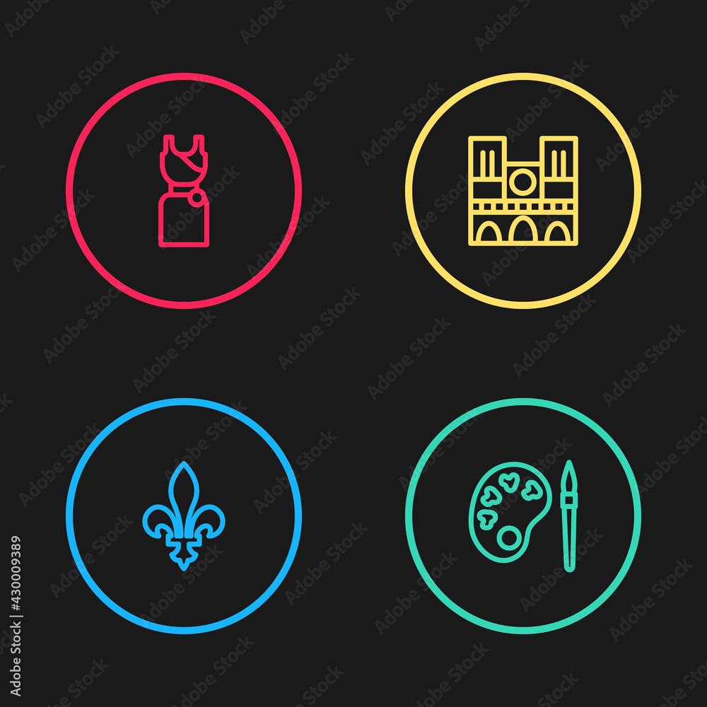 Set line Fleur De Lys, Paint brush with palette, Notre Dame and Woman dress icon. Vector Set line Fleur De Lys, Paint brush with palette, Notre Dame and Woman dress icon. Vector