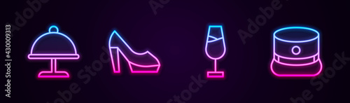 Set line Covered with tray, Woman shoe, Wine glass and Kepi. Glowing neon icon. Vector