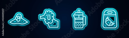 Set line Elegant women hat, Poodle dog, French press and Croissant package. Glowing neon icon. Vector