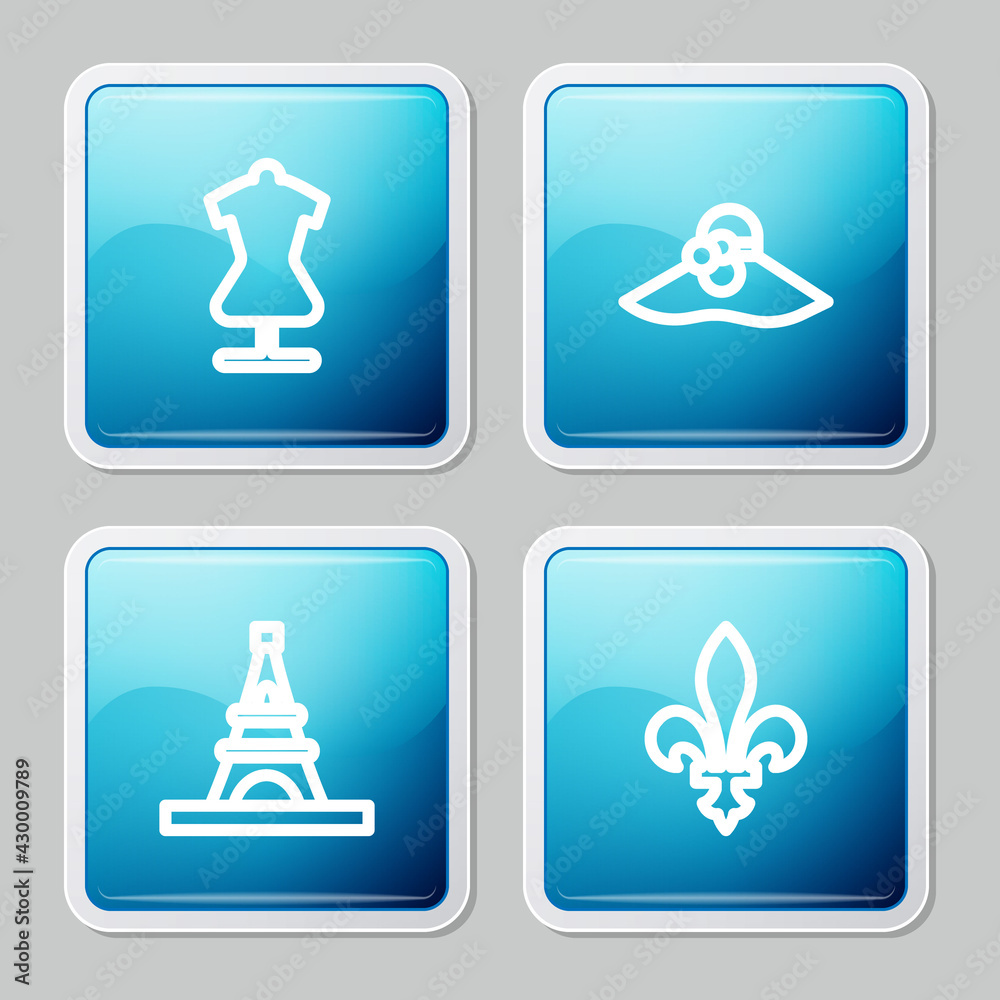 Set line Mannequin, Elegant women hat, Eiffel tower and Fleur De Lys icon. Vector Set line Mannequin, Elegant women hat, Eiffel tower and Fleur De Lys icon. Vector