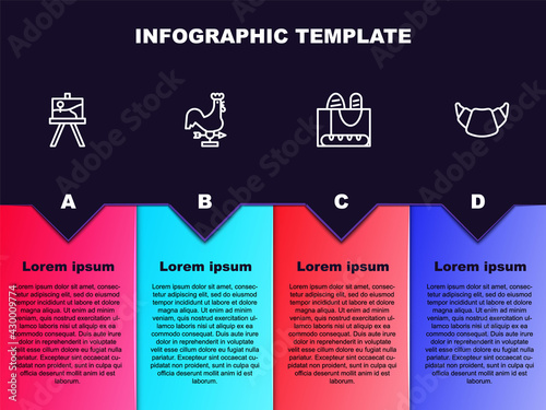 Set line Easel or painting art boards, Rooster weather vane, French baguette bread and Croissant. Business infographic template. Vector