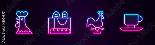 Set line French rooster, baguette bread, Rooster weather vane and Coffee cup. Glowing neon icon. Vector