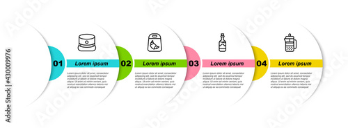 Set line Kepi, Croissant package, Bottles of wine and French press. Business infographic template. Vector