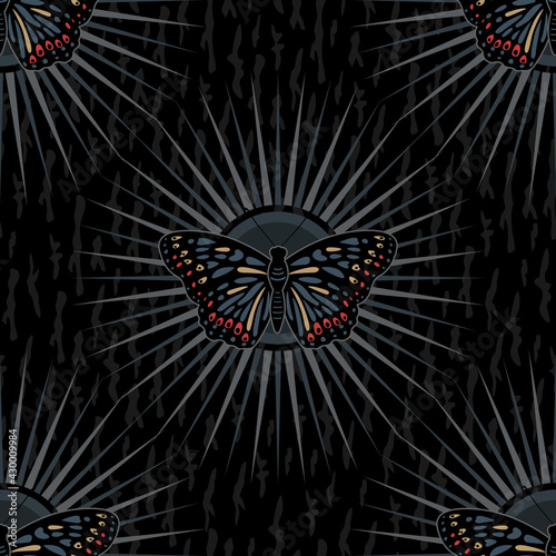 Dark Goth Black Butterfly and Sun rays Pattern