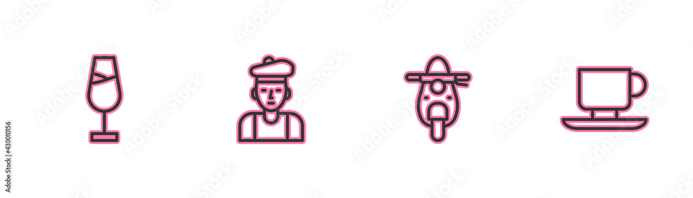 Set line Wine glass, Scooter, French man and Coffee cup icon. Vector Set line Wine glass, Scooter, French man and Coffee cup icon. Vector