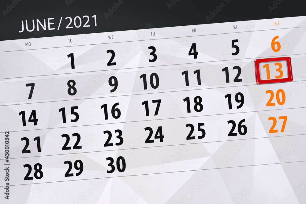 Obraz premium Calendar planner for the month june 2021, deadline day, 13, sunday