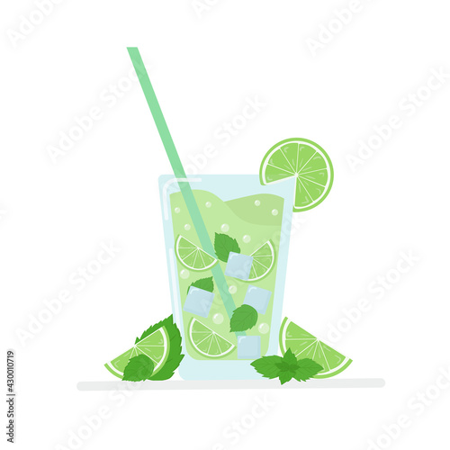 Glass of lemonade lime. Glass of mojito cocktail with mint and a straw on a white background. Vector illustration.