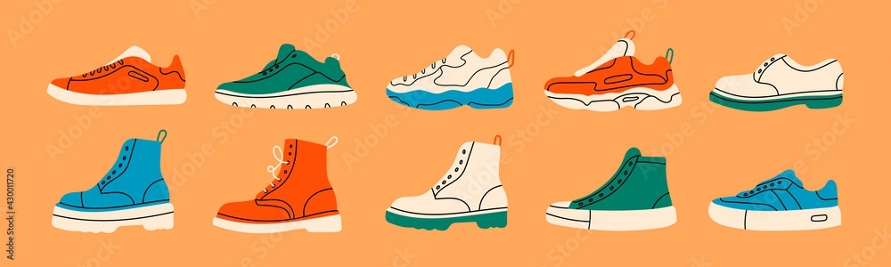 Various Shoes icons collection. Boots, sport shoes, sneakers, hiking footwear and other shoes for training. Men's and women's footwear. Hand drawn Vector illustration. All elements are isolated - obrazy, fototapety, plakaty 