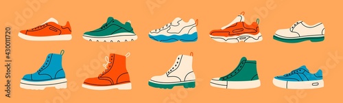 Various Shoes icons collection. Boots, sport shoes, sneakers, hiking footwear and other shoes for training. Men's and women's footwear. Hand drawn Vector illustration. All elements are isolated