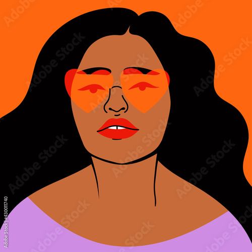 Beautiful black Woman in Heart-shaped Sunglasses looking at camera. Closeup fashion portrait of cute young lady. Hand drawn Vector illustration. Template for card, poster, banner, t-shirt print