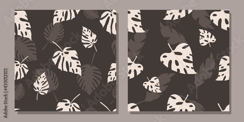 Set of seamless patterns with tropical leaves. Vector illustration.