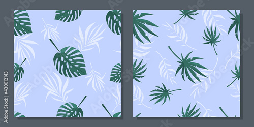 Set of summer seamless patterns with tropical leaves. Vector illustration.