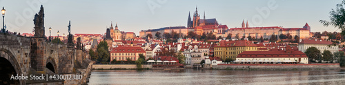 Photography Banner, Prague riverside, Charles Bridge and castle at dawn