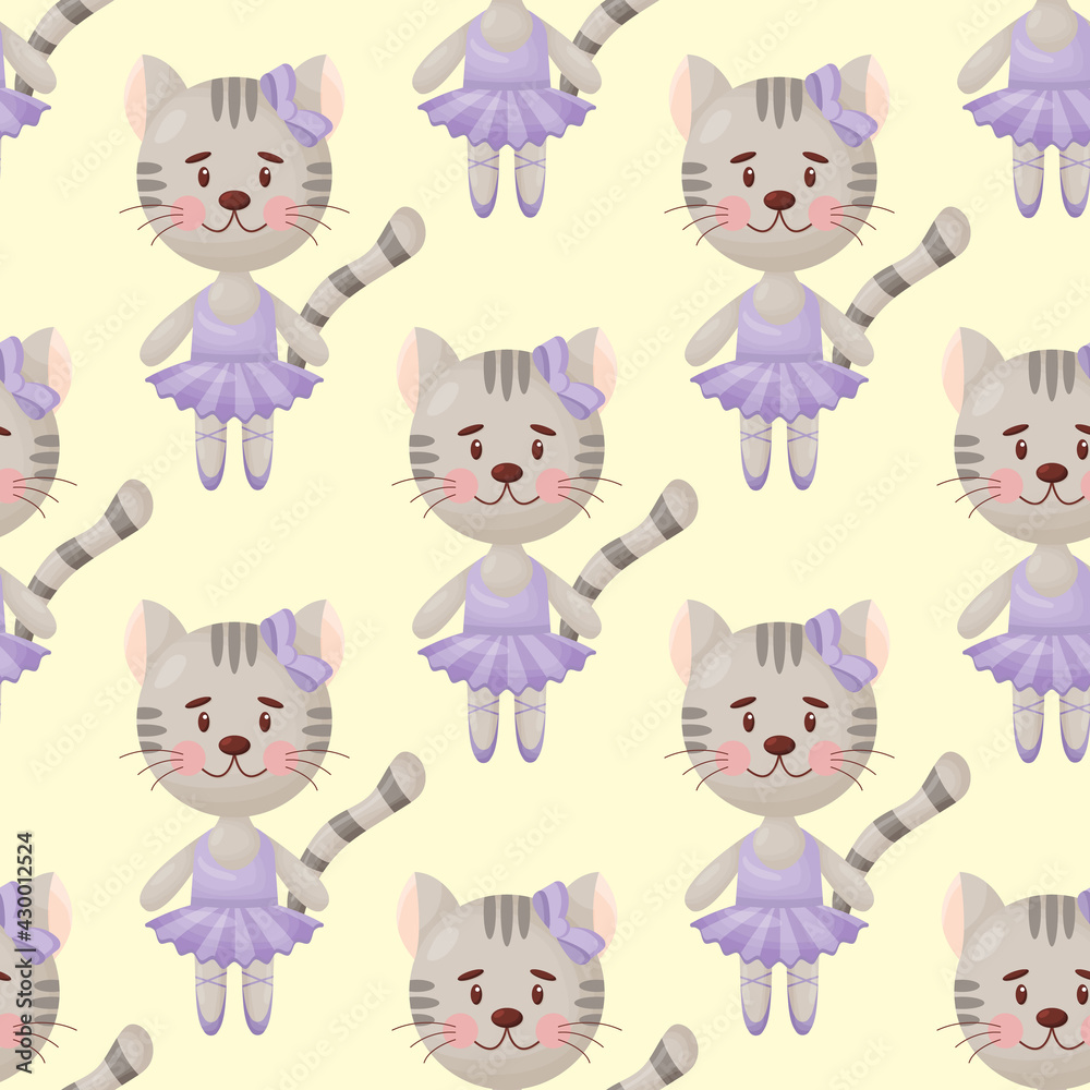 Vector seamless pattern in child style with a cat ballerina. Vector seamless pattern in child style with a cat ballerina.