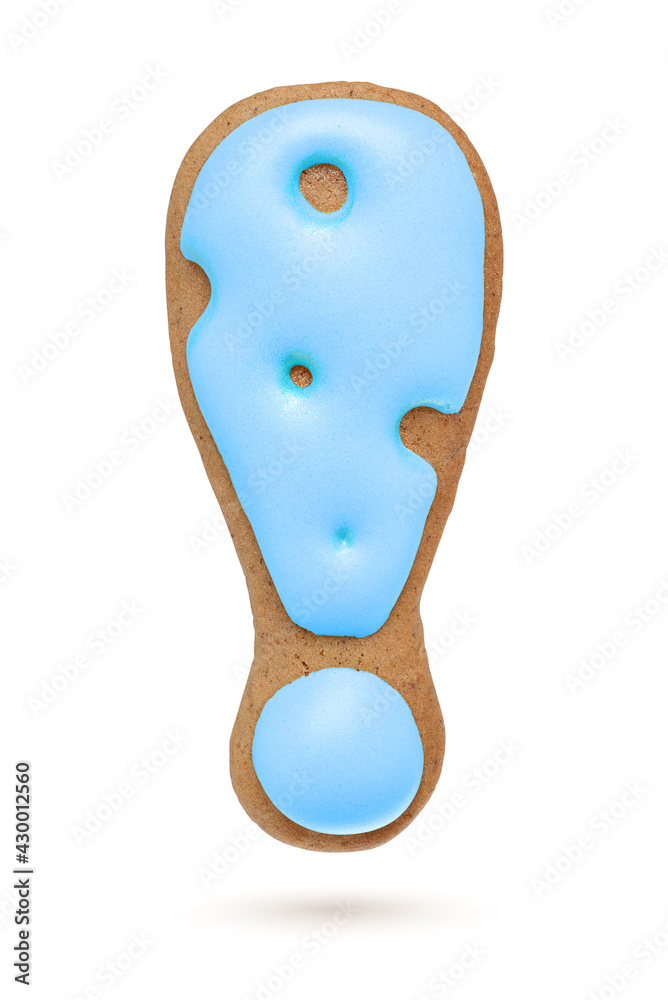Fototapeta premium Exclamation mark. Blue homemade gingerbread biscuit isolated on