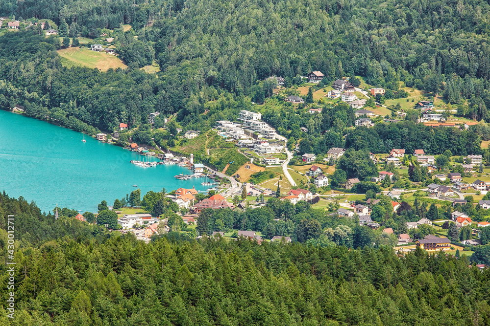 Aerial view to surroundings of Worthersee lake in Austria, summertime travel destination