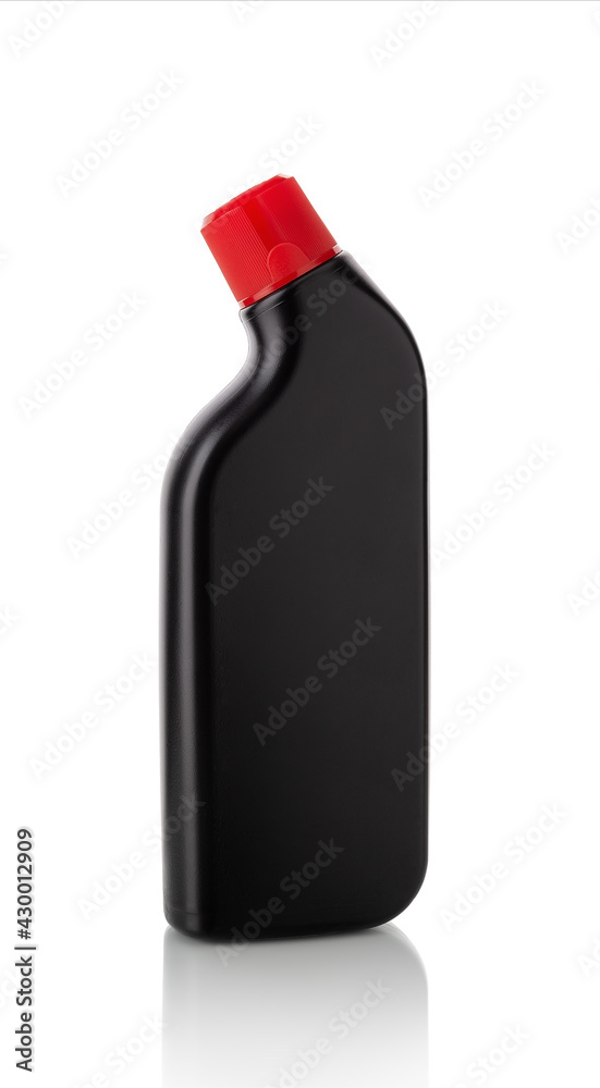 Toilet cleaner bottle with red cap isolated on white background. Unlabeled black plastic container for liquid bleach disinfectant and household chemicals design. Cleaning chores mockup template.