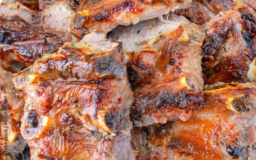 meat fried on coals in close-up, isolated on a white background.pork ribs.
