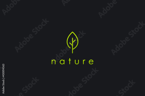 Abstract Nature Logo. Green Leaf Icon Line isolated on Black Background. Usable for Business, Healthcare, Farm and Ecology Logos. Flat Vector Logo Design Template Element.