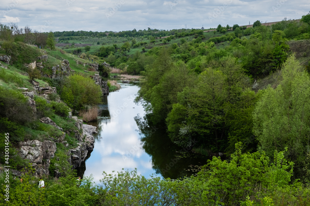 Aerial view to granite Buky Canyon on the Hirskyi Takich river in Ukraine