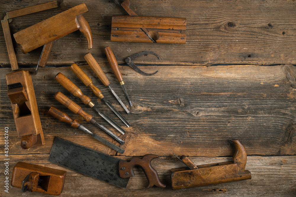 Joinery tools on wood table background with copy space Joinery tools on wood table background with copy space