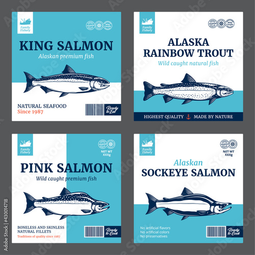 Vector salmon labels. Rainbow trout, sockeye, chinook and pink salmon fish illustrations