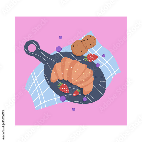 Still life with croissant, strawberries and cookies. Vector illustration.