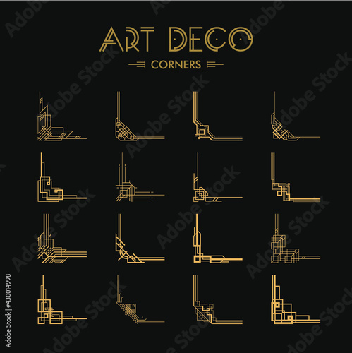 Set of Art deco corners for borders and frames. Creative template in style of 1920s for your design. Vector illustration. EPS 10