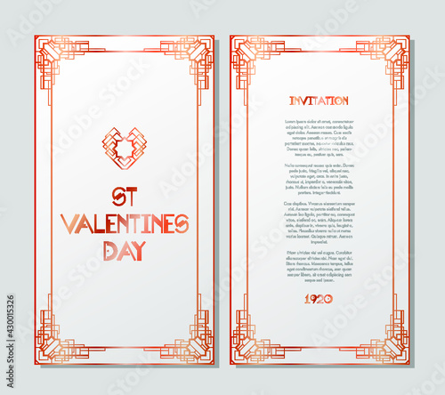 Vintage retro style invitation for Valentines Day in Art Deco. Art deco border and frame. Vector illustration. EPS 10