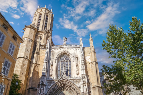 Cathedral  Saint Sauveur in Aix-en-Provence, France, low angle view. Roman catholic church, religious landmark of the region, national Monument of France.