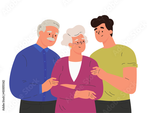 Portrait of happy family hugging each other. Adult man embracing mature parents or grandparents isolated on white background. Parents with child feeling love. Vector illustration in flat style.