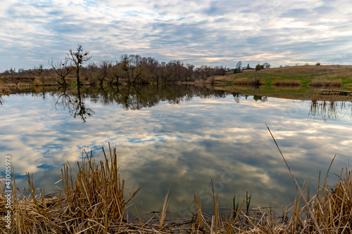 quiet evening landscape on wild rural lake at spring time