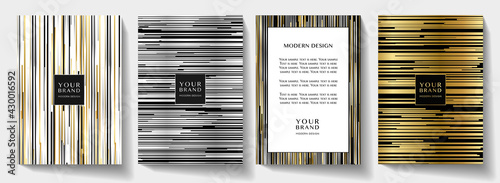 Modern black stripe cover, frame design set. Luxury creative dynamic line pattern in premium gold, silver, black colors. Formal premium vector background for business brochure, notebook, menu template