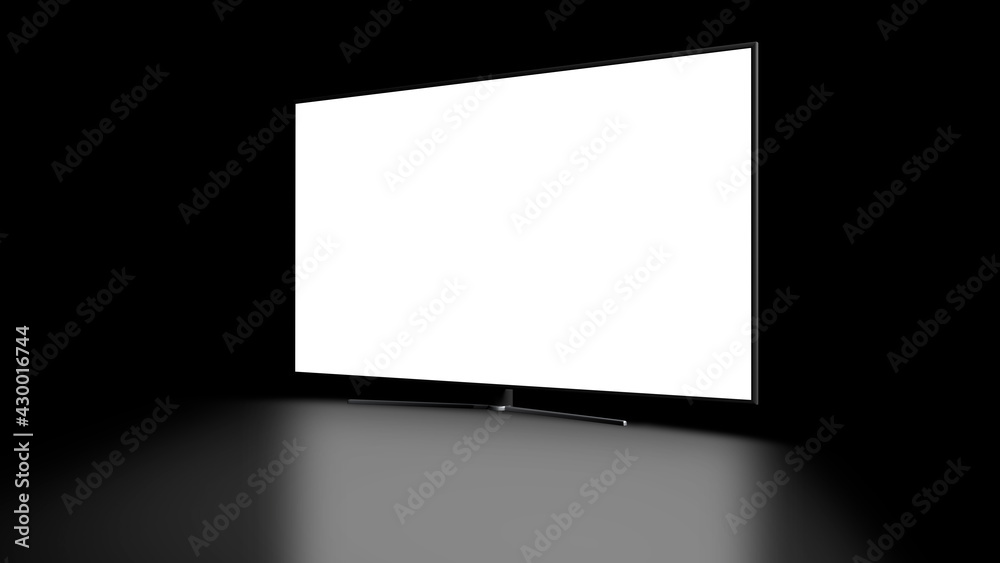 Television TV mockup with diagonal view and blank screen, with reflection on the floor. Black color background. Ideal for placing custom designs.