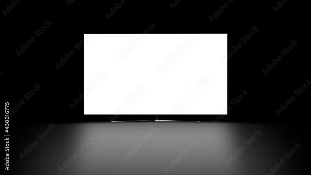 TV mockup with front view and blank screen, with reflection on the floor. Black color background. Ideal for placing custom designs. TV mockup with front view and blank screen, with reflection on the floor. Black color background. Ideal for placing custom designs.